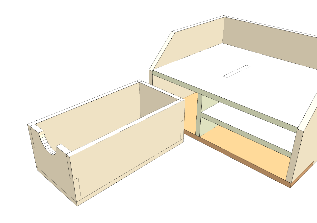 3D view of a drawer pulled out of its cabinet space, showing the clearance around the drawer and the cavity it slides into