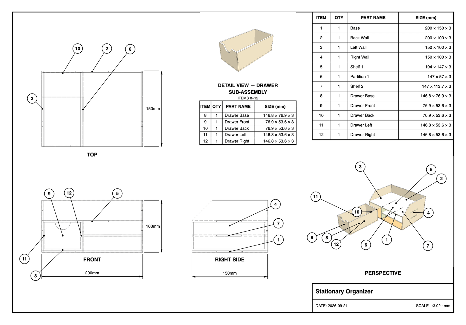 A4 technical drawing sheet exported from CraftBox 3D, with third-angle top, front and right views, dimensions, hidden lines, a ballooned parts list, a drawer detail view and a shaded perspective